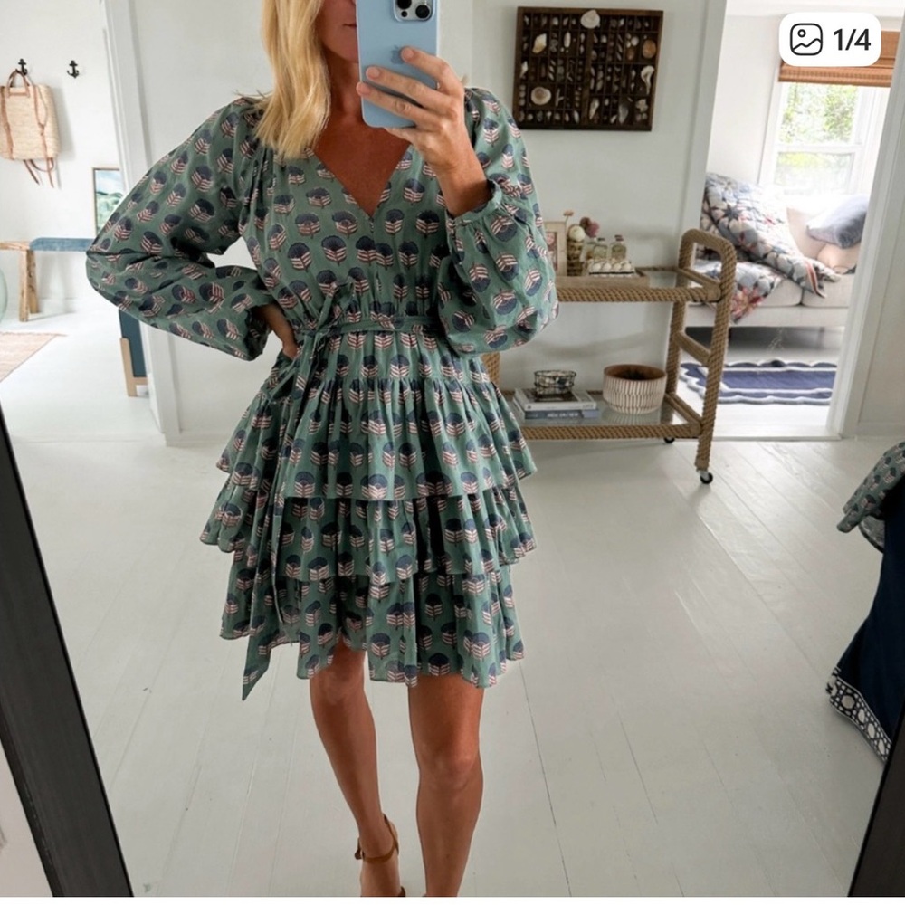 Marea Tiered Mini Dress - Green Floral Print